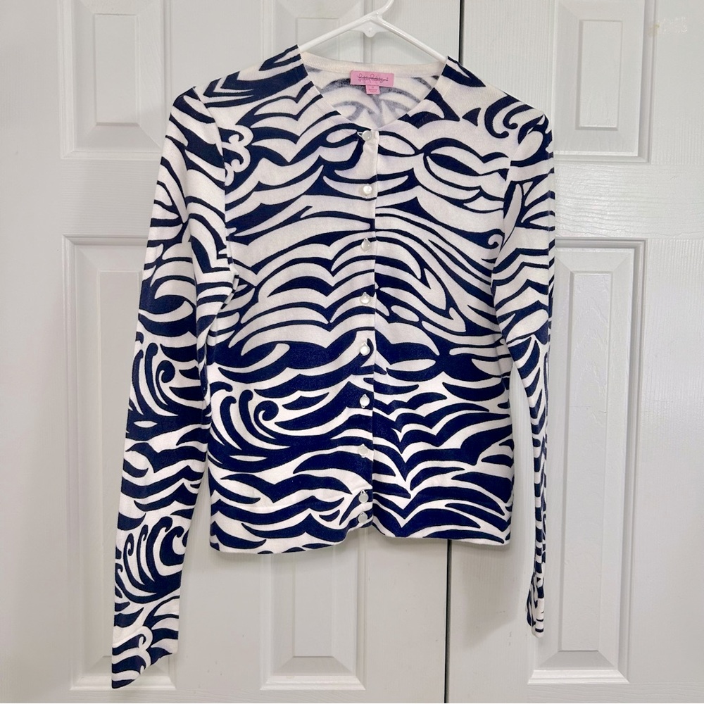 Lily Pulitzer Navy Blue & White Button Down Long Sleeve Cardigan Sweater Small